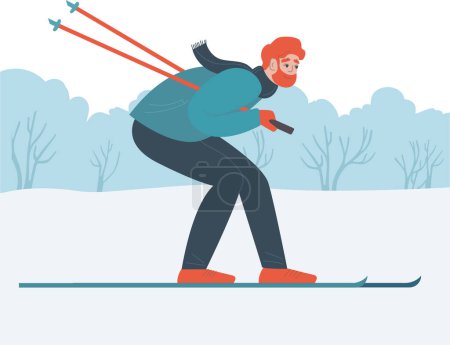 Téléchargez les illustrations : Homme en tenue de ski en forêt ou dans un parc public. Un jeune homme fait du ski de fond dans les bois. Activités sportives d'hiver. Illustration vectorielle plate - en licence libre de droit
