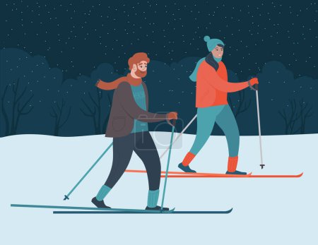 Téléchargez les illustrations : Jeune couple en vêtements de plein air skier en forêt ou dans un parc public. Un homme et une femme font du ski de fond dans les bois. Activités sportives d'hiver. Illustration vectorielle plate - en licence libre de droit