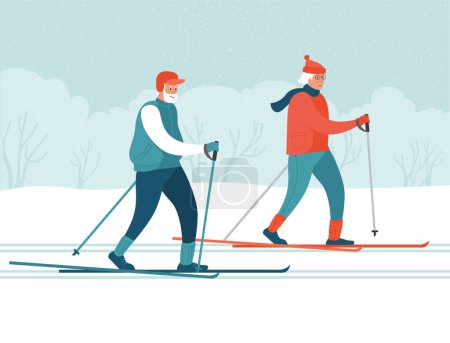 Illustration for Elderly couple cross country skiing in the public park. Concept of active healthy lifestyle of seniors. Flat vector illustration. - Royalty Free Image