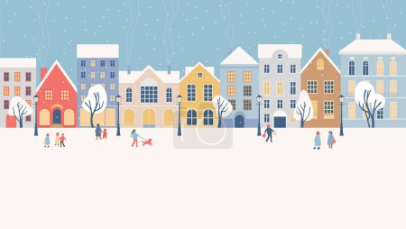Foto de Panorama de la ciudad de invierno con gente caminando por la calle en nieve en vacaciones de Navidad. Casco antiguo europeo con edificios acogedores. Ilustración vectorial plana - Imagen libre de derechos