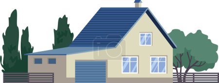 Illustration for Simple suburban family house, residential cottage, real estate countryside building exterior. Home facade with garden and green lawn. Isolated vector illustration - Royalty Free Image
