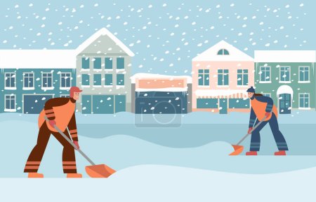 Foto de Eliminación de nieve. El hombre y la mujer eliminan el hielo y la nieve con palas, la gente limpia la calle cubierta de nieve después de la ventisca. Ilustración vectorial plana - Imagen libre de derechos