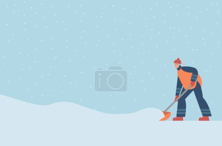 Foto de Hombre quitando nieve con palas. Trabajador en uniforme limpiando calle de la ciudad después de tormenta de nieve. Ilustración vectorial plana para póster de texto - Imagen libre de derechos