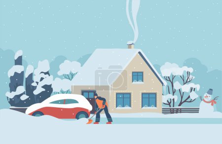 Foto de Mujer limpiando nieve con pala alrededor de su casa de campo. Trabajo de invierno en el patio o la carretera. Escena de invierno con clima nevado. Ilustración vectorial plana - Imagen libre de derechos