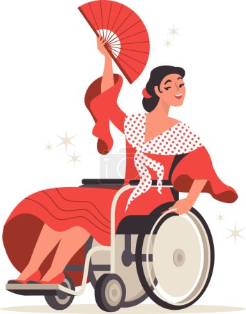 Foto de Joven mujer feliz en una silla de ruedas bailando baile flamenco con vestido tradicional español. Baile inclusivo. Carácter vector plano - Imagen libre de derechos