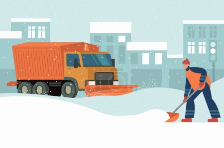 Foto de Camión de arado de nieve limpieza urbana carretera nevada en invierno. Hombre limpiando la calle de la ciudad con pala. Concepto de eliminación de nieve. Ilustración vectorial plana - Imagen libre de derechos
