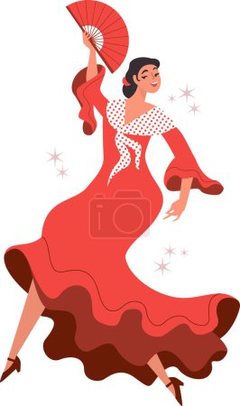 Illustration for Beautiful Spanish flamenco dancer.  Graceful woman dancing. Spanish culture. Flat vector character - Royalty Free Image