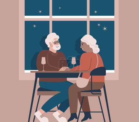 Foto de Pareja de ancianos románticos sentados junto a la ventana en un acogedor café. Sonriendo hombre maduro y mujer bebiendo vino juntos. Hablando de familia pasando tiempo en la cafetería. San Valentín. Ilustración vectorial plana - Imagen libre de derechos