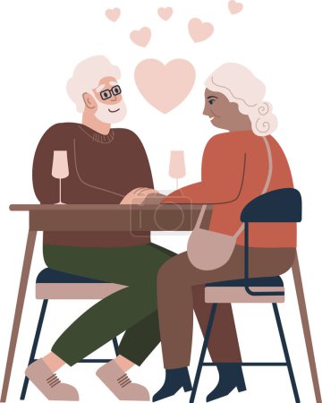 Foto de Pareja de ancianos románticos sentados en una mesa de café. Sonriendo hombre maduro y mujer bebiendo vino juntos. Hablando de familia pasando tiempo en la cafetería. San Valentín. Ilustración de vectores planos aislados - Imagen libre de derechos