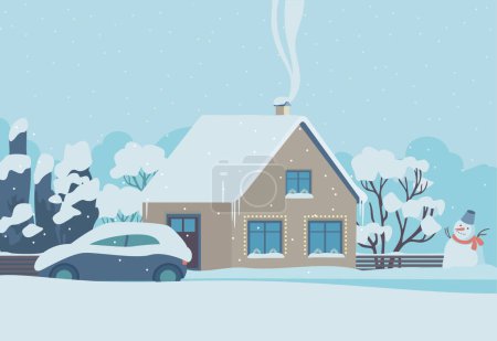Foto de Simple casa de pueblo cubierta de nieve. Temporada de invierno. Ilustración vectorial plana - Imagen libre de derechos