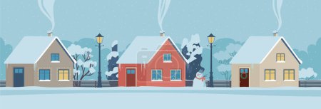 Foto de Calle urbana o suburbana en invierno. Coloridas casas acogedoras cubiertas de nieve. Paisaje del pueblo suburbio con edificios de casa de campo, farolas. Ilustración vectorial plana - Imagen libre de derechos