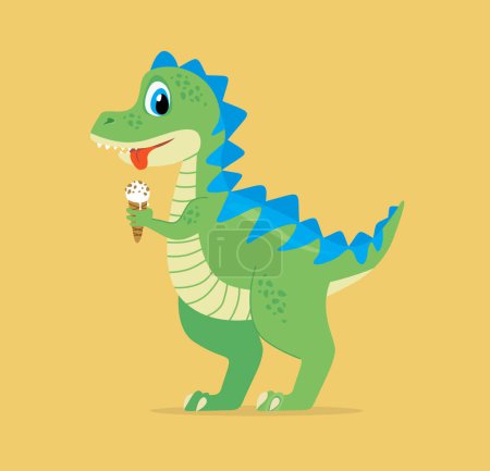 Foto de Lindo personaje dinosaurio comiendo helado. Ilustración vectorial plana sobre fondo amarillo - Imagen libre de derechos