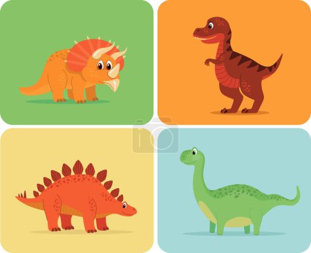 Illustration for Set of funny dinosaurs including T-rex, Brontosaurus, Triceratops, Stegosaur flat vector - Royalty Free Image