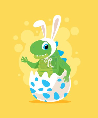 Foto de Tarjeta de Pascua con un pequeño dinosaurio bebé con orejas de conejo. Ilustración vectorial plana - Imagen libre de derechos