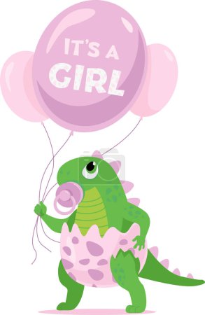 Foto de Lindo personaje de dinosaurio bebé niña sosteniendo globos de color rosa para ducha de bebé aislado sobre fondo blanco - Imagen libre de derechos