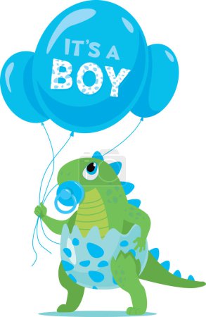 Foto de Lindo personaje de dinosaurio bebé niño sosteniendo globos azules para ducha bebé niño aislado sobre fondo blanco - Imagen libre de derechos