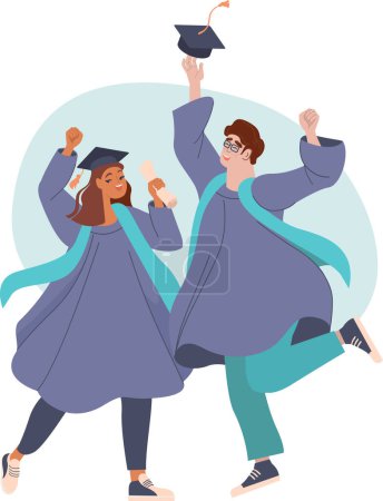 happy graduated students couple wearing academic dress, gown or robe and tossing graduation cap. Young people celebrating university graduation. Flat cartoon vector illustration