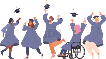 Group of happy graduated students wearing academic dress, gown or robe and tossing graduation cap. Young people celebrating university graduation. Flat cartoon vector illustration