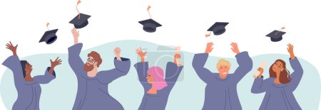 Illustration for Group of happy graduated students wearing academic dress, gown or robe and tossing graduation cap. Young people celebrating university graduation. Flat cartoon vector illustration - Royalty Free Image