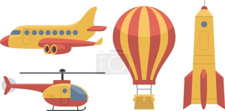 Foto de Diferentes modos de transporte aéreo. Avión, globo aerostático, nave espacial, helicóptero. Conjunto de vector plano - Imagen libre de derechos