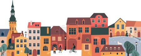 Foto de Lindas casas vintage, edificios de la ciudad. Panorama medieval. Antigua calle en acogedora ciudad europea. Ilustración vectorial plana - Imagen libre de derechos