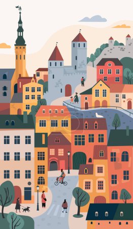 Foto de Vista de la parte antigua de Tallin. Recepción del folleto o del cartel a Estonia. Ciudad europea medieval. Ilustración vectorial - Imagen libre de derechos