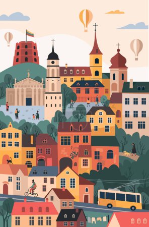 Vilnius skyline con torre del castillo de Gediminas, casco antiguo, globos aerostáticos y otros lugares de interés y símbolos. Europa Paisaje urbano antiguo. Capital de Lituania. Diseño vertical para volante o póster