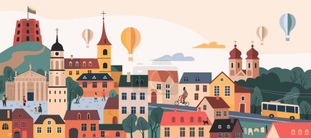 Vilnius Capital of Lithuania skyline with Gediminas castle tower, Old town, hot air balloons and other landmarks and symbols. Europe Old town street landscape.  Horizontal design for flyer or poster