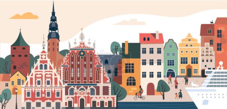 Téléchargez les illustrations : Vue panoramique sur la vieille partie de Riga. Symboles et monuments célèbres de bâtiments. Flyer ou affiche bienvenue en Lettonie. Ville médiévale européenne. Illustration vectorielle plate - en licence libre de droit
