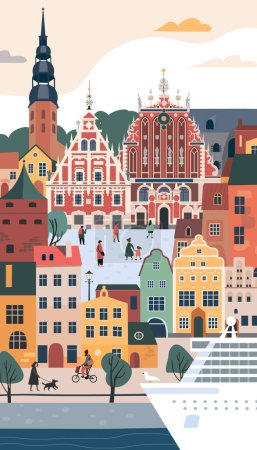 Téléchargez les illustrations : Vue verticale de la vieille partie de Riga. Symboles et monuments célèbres de bâtiments. Flyer ou affiche bienvenue en Lettonie. Ville médiévale européenne. Illustration vectorielle plate - en licence libre de droit