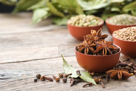 Photo for Bowl of anise stars. Bowls of aromatic spices - coriander, cardamom pods on background. Gloves, laurel leaves. Ingredients for healthy cooking. Ayurveda remedies. - Royalty Free Image