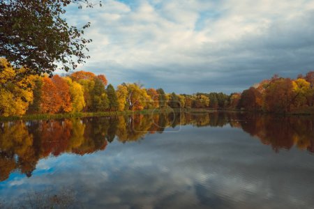 Téléchargez les photos : Paysage d'automne par temps couvert. - Un lac bleu et des arbres jaunes d'automne sur les rives avec des reflets dans l'eau. - en image libre de droit