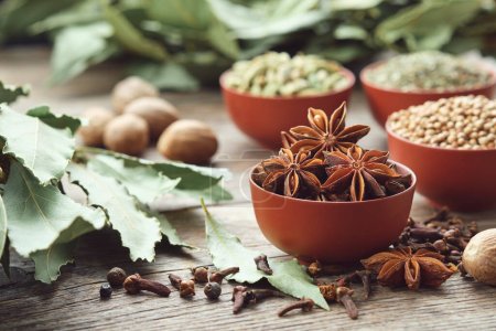 Photo for Bowl of anise stars. Bowls of aromatic spices - coriander, cardamom pods on background. Gloves, laurel leaves, nutmeg on table. Ingredients for healthy cooking. Ayurveda remedies. - Royalty Free Image