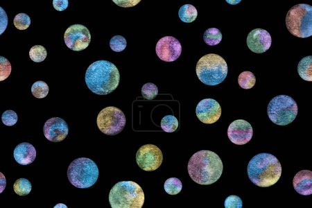 Photo for Seamless pattern of painted  planets with shining watercolor paints on black background. Hand drawn bright watercolor circles with a metallic sheen. Seamless outer space with glowing planets. - Royalty Free Image