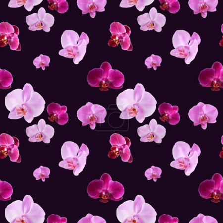Foto de Hermoso patrón sin costura de flores de orquídea. Patrón de orquídeas para el diseño sobre fondo púrpura oscuro. - Imagen libre de derechos