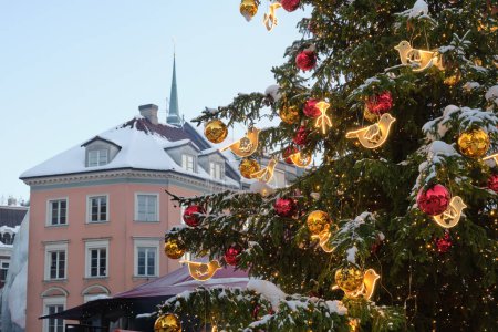 Photo for Retro decorated Christmas tree at the Dome Square in Riga city. Riga, Latvia. - Royalty Free Image