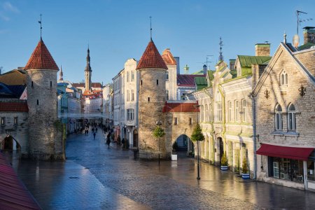 Téléchargez les photos : Vieille Porte Viru médiévale dans la ville de Tallinn. Paysage urbain de la vieille ville de Tallinn, Estonie. - en image libre de droit
