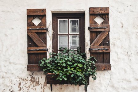 Téléchargez les photos : Fenêtre vintage avec volets anciens en bois décorés de fleurs. - en image libre de droit
