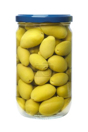 Photo for Glass jar of marinated canned olives, isolated on white. - Royalty Free Image