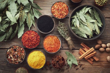 Photo for Bowls of various spices - red hot pepper, paprika, saffron, black seeds, nutmegs, cardamom, thyme, anise, gloves, curcuma, cinnamon, laurel. Different seasoning. Ayurveda remedies. Top view, flat lay. - Royalty Free Image