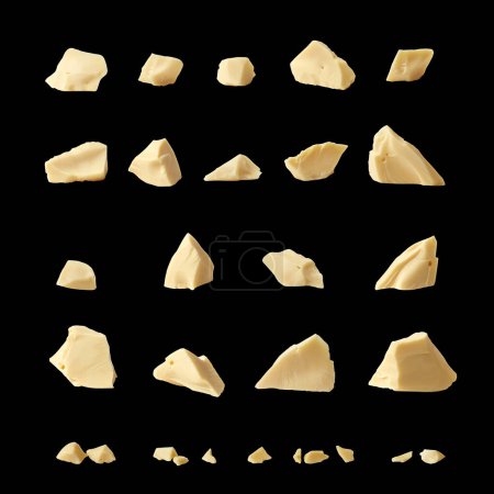 Photo for Collection of white chocolate chunks against black background. Set for stylish packaging design. - Royalty Free Image