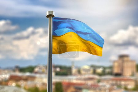 Photo for National blue and yellow flag of Ukraine against city center of Kyiv on background - Royalty Free Image