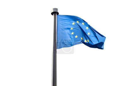 Foto de Ondeando la bandera de la Unión Europea sobre el asta de la bandera aislada sobre fondo blanco. Listo para usar en el diseño - Imagen libre de derechos