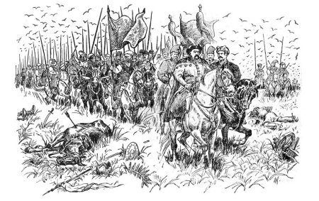Ilustración del libro Bohdan Khmelnytskyi, M. Starytskyi. CIRCA 1648: Batalla de los cosacos en Zhovti Vody (Aguas Amarillas). La primera gran victoria de los rebeldes.