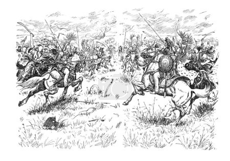 Foto de Ilustración del libro Bohdan Khmelnytskyi, M. Starytskyi. CIRCA 1650: Escaramuza militar entre los cosacos y la nobleza polaca. Alrededor de 1650-1652. - Imagen libre de derechos