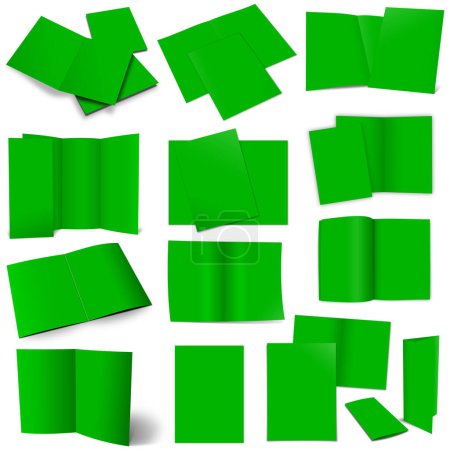 Treize brochures vertes pour les mises en page et la présentation. rendu 3D. Image générée numériquement. Isolé sur fond blanc.