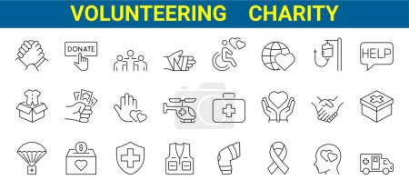 Iconos web de voluntariado y caridad en estilo de línea. Donar, donar, actividades sociales, atención, ayuda, apoyo, recolección. Ilustración vectorial. Actividades sociales