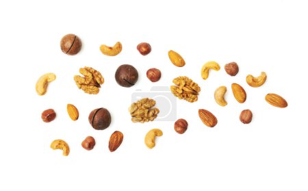 Photo for Pattern of nuts mix. Hazelnut, macadamia, almonds, walnut, cashew, isolated on white background. Top view. - Royalty Free Image