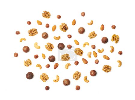 Photo for Pattern of nuts mix. Hazelnut, macadamia, almonds, walnut, cashew, isolated on white background. Top view. - Royalty Free Image