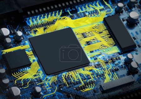 Foto de Placa de circuito electrónico con procesador, primer plano - Imagen libre de derechos
